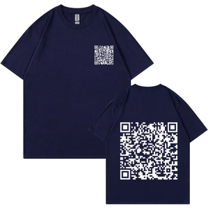 Harajuku style dark blue QR code printed cotton t-shirt with front and back view