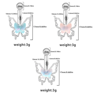Detailed size specifications for minimalist acrylic butterfly navel rings in various colors