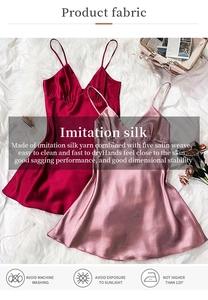 Detailed fabric texture of two-piece satin nightdress with V-neckline and smooth silk finish
