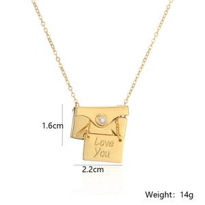 Detailed size view of a gold envelope pendant necklace with Love You engraving and crystal
