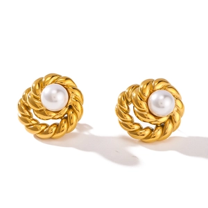 Elegant 18K gold plated twisted hoop earrings with white round pearls for women