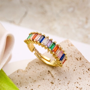Baguette Zircon Adjustable Open Ring Copper 18K Gold Plated Colorful Geometric Fashion Jewelry For Women