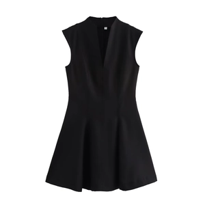 Elegant black sleeveless V-neck mini dress with slim fit and flared skirt on white background