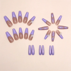 Taro purple long coffin press-on nails with daisy floral art and 3D bow glitter designs