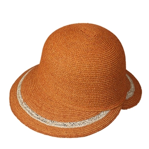 Elegant burnt orange raffia sun hat with wide brim and white woven trim for summer