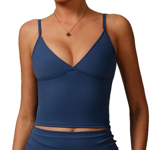Navy blue recycled yoga tank top with slim fit V-neck and thin shoulder straps