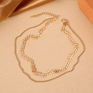 Double-layered golden herringbone and thin chain necklace with adjustable clasp closure