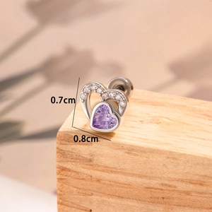Elegant silver heart earrings with purple heart-shaped stone and white zircon accents