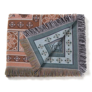 Close-up of woven geometric pattern and colorful tassels on an Indian style camping blanket