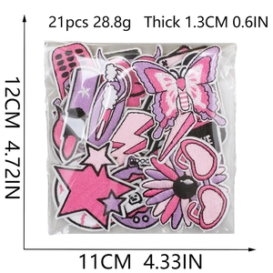 21-piece purple and pink embroidered patches set featuring butterfly and star patterns