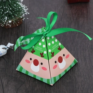 Pyramid Christmas gift boxes with deer pattern, green ribbon and festive ornaments