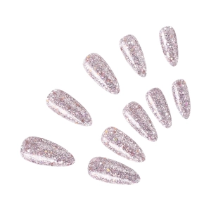 Macro shot of 10-piece almond-shaped pink purple glitter press-on nails on white background