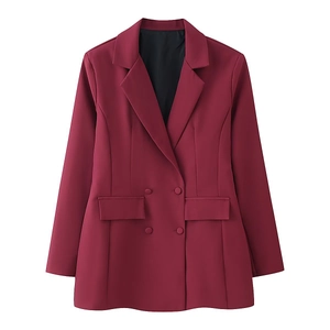 Women's burgundy double-breasted long sleeve lapel blazer jacket in minimalist style