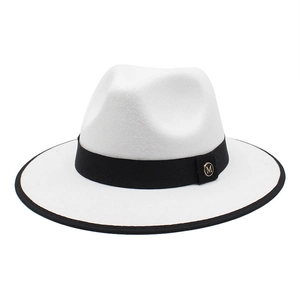Classic white wool Fedora hat with black ribbon, gold M buckle and brim binding detail