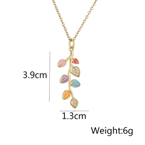 Detailed view of leaf pendant necklace with dimensions 3.9cm by 1.3cm and 6g weight