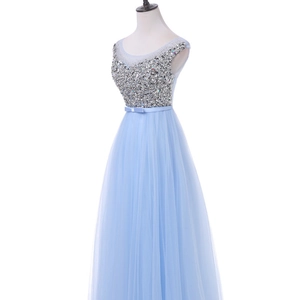 Elegant light blue evening gown with silver sequins, sleeveless A-line tulle wedding dress