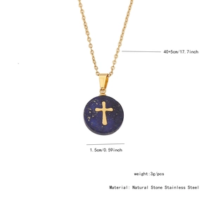 Detail of round blue natural stone pendant with gold cross and stainless steel chain dimensions