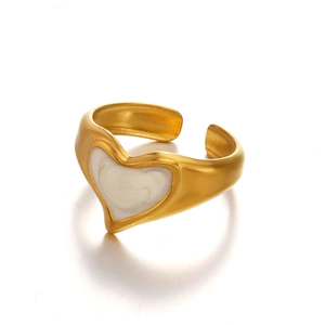 Retro 18K gold plated stainless steel open ring featuring a white enamel heart design