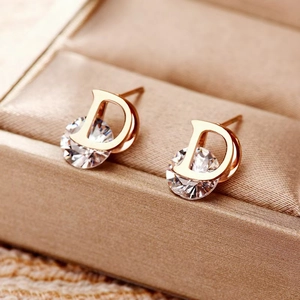 Letter D Stud Earrings Stainless Steel With Cubic Zirconia Rose Gold Plated French Temperament Minimalist For Women