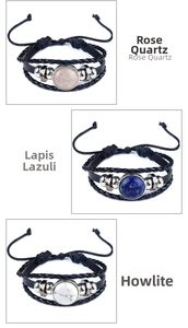 Lot de trois bracelets tressés en cuir avec quartz rose, lapis-lazuli et pierres howlite