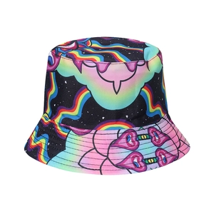 Double-sided reversible bucket hat with psychedelic rainbow stripes and heart patterns