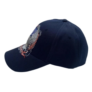 Detail of eagle and flag embroidery on navy blue cotton twill outdoor baseball cap