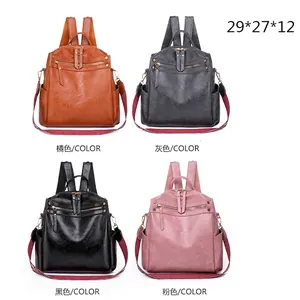 Women's vintage PU leather backpack in four colors with stylish striped strap, size 29x27x12cm