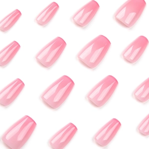 Pink gradient press-on nails in coffin shape with a high-gloss finish on white backdrop