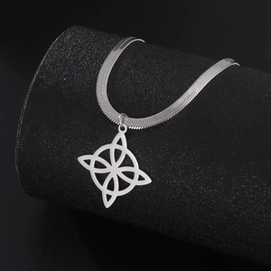 Silver stainless steel snake chain necklace with hollow celtic witch knot pendant