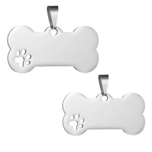 Polished stainless steel bone-shaped pet ID tags with hollow paw print design