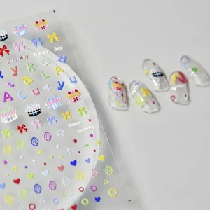 3D embossed nail art stickers featuring colorful birthday cakes and cute bow designs