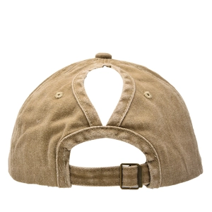 Detail of washed cotton ponytail baseball cap in khaki with rear cutout and metal buckle