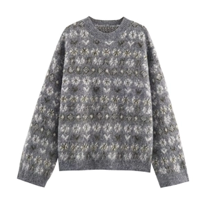 Women Fair Isle Jacquard Knitted Sweater Round Neck Long Sleeve Loose Casual Pullover Winter Autumn Top