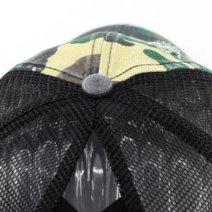 Close-up of camouflage cotton baseball cap showing detailed top button and stitching details