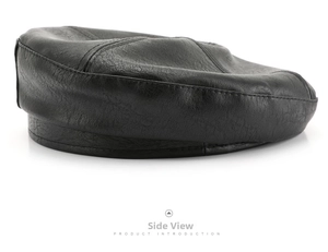 Side view of black leather octagonal beret with lychee texture and stitching details