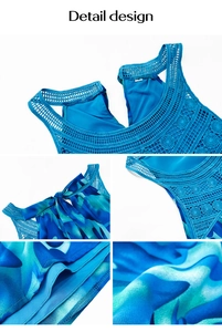 Détails du haut bleu sans manches avec col en dentelle, nœud au dos et fermeture éclair