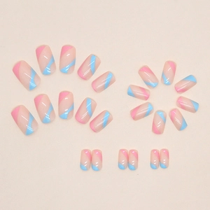 Blue and pink wavy pattern press-on nails set in square-oval shape with glossy finish
