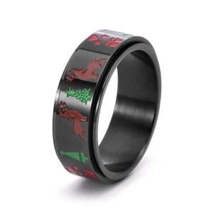 Rotating black stainless steel ring with colorful Christmas motifs like reindeer and trees