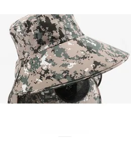 Close-up of camouflage sun hat featuring breathable black mesh face mask and neck cover