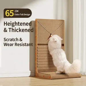 L-Shaped Cat Scratcher Board Corrugated Paper Wood Vertical Standing Durable With Bell Balls Feather Toy For Indoor Cats