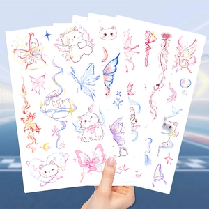Lot de 5 tatouages temporaires papillon et chat mignons en style dessiné rose et bleu