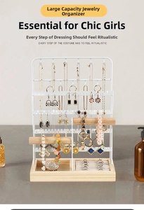 Macro detail of high-capacity jewelry organizer with white metal frame and wood base