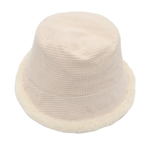 Winter corduroy bucket hat with plush faux fur brim in a beige cream color palette