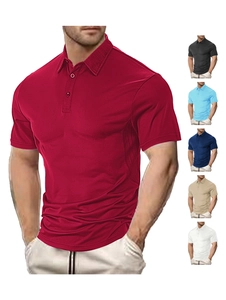 Detail view of men's slim fit cotton polo shirts in various summer colors and collar styles