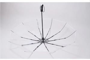 Detail van de stevige zwarte baleinen en het transparante PVC-doek van de rechte paraplu
