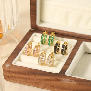 Luxury Hoop Earrings 18K Gold Plated Stainless Steel Baguette Cubic Zirconia Geometric For Women Non Tarnish