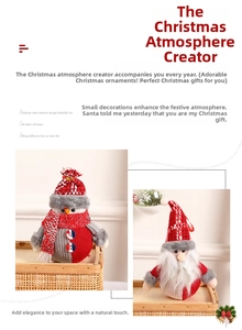 Detail of handmade knit Santa and snowman plush ornaments in a rustic wicker basket