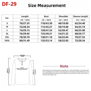 Detailed size chart for men's hooded shirt with measurements from S to 3XL for fit guide