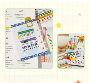 Vintage-Washi-Tape-Set mit Streifen und Erdbeermustern auf einem Tagebuch gezeigt