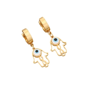 Golden Hamsa hand earrings with blue evil eye drop oil detail on a white background